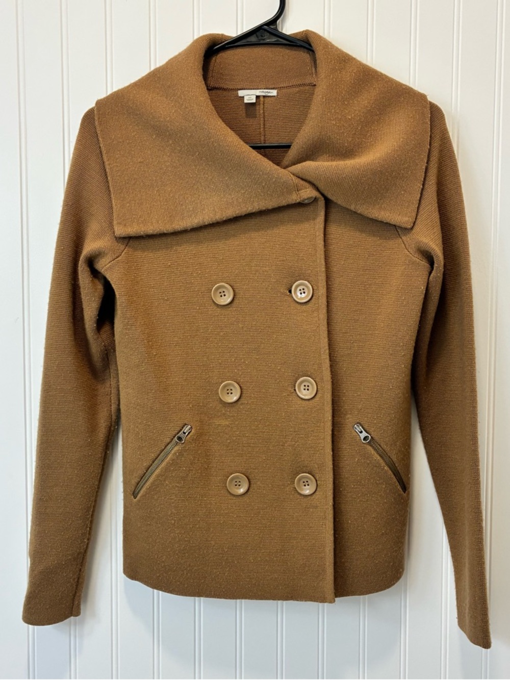 Anthropologie brand Halogen Wool-Blend Double-Breasted Jacket in Camel - pilling